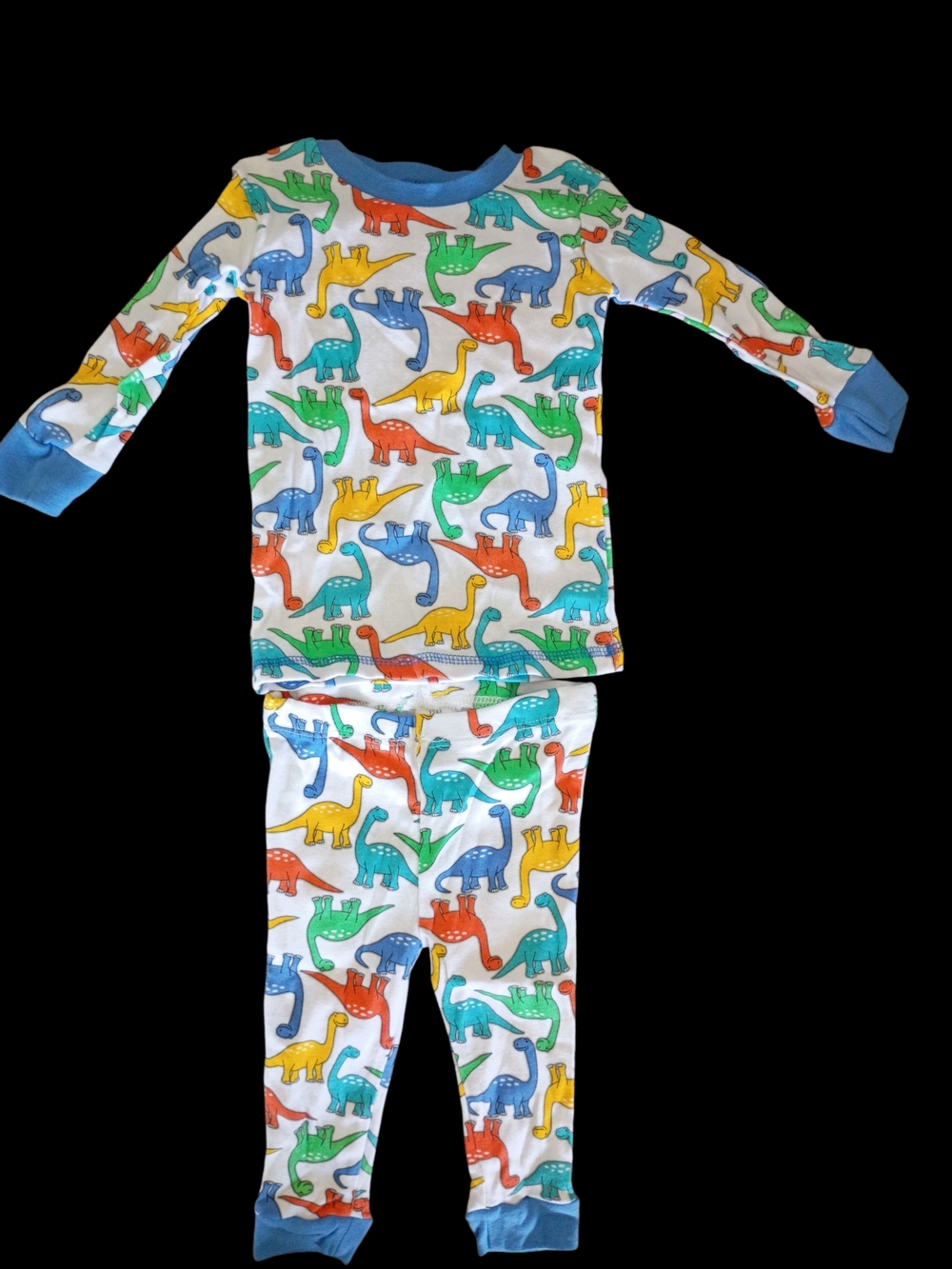 Swiggles White Kids Pajama Set with Blue Trim and Multicolor Dinosaurs